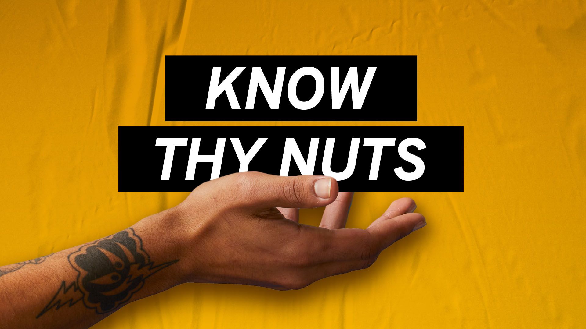 Graphic image of a man's hand over a yellow background. Surmounting the hand is a boldly printed sign that says: "KNOW THY NUTS"