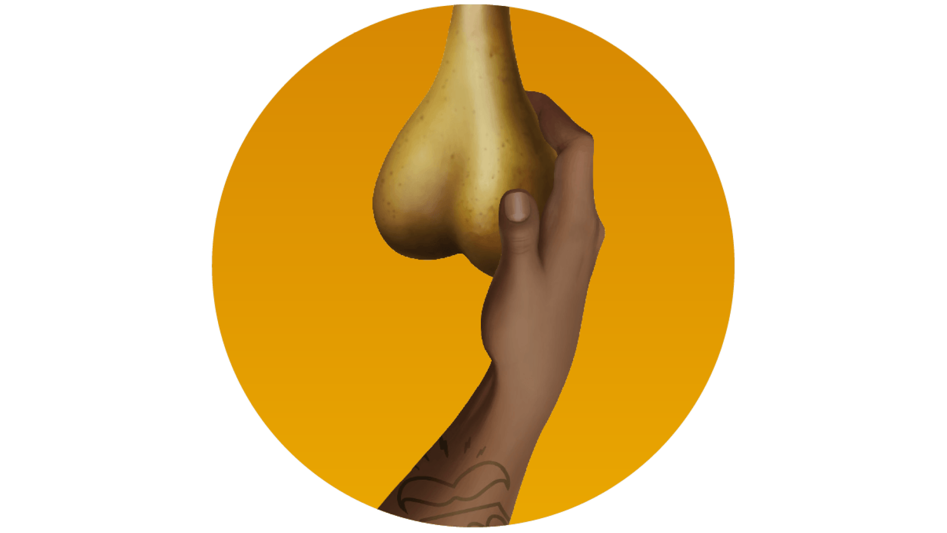 An illustration of a hand feeling a pear (which looks like a pair of testicles)
