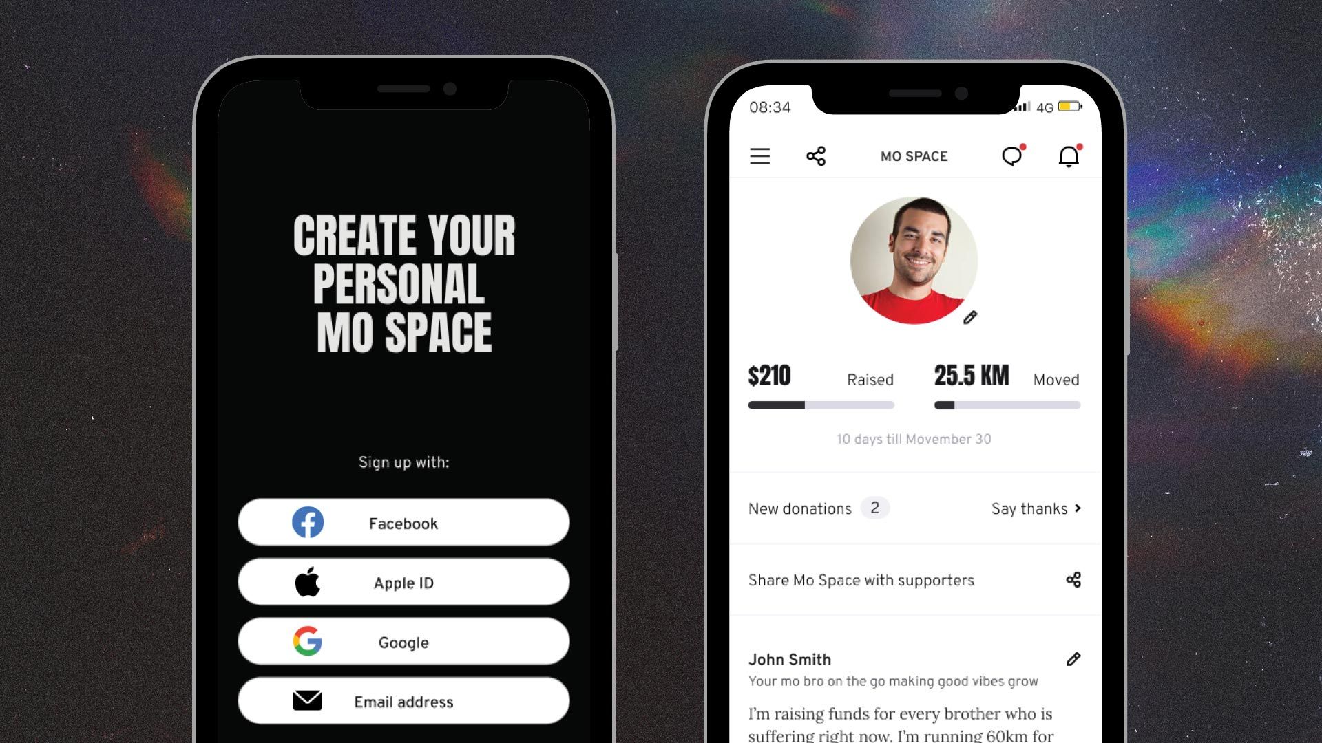 Images of two smartphones, showing two screens for the Movember app. These are the "Create Your Personal Mo Space" screen, and a view of a user's Mo Space.