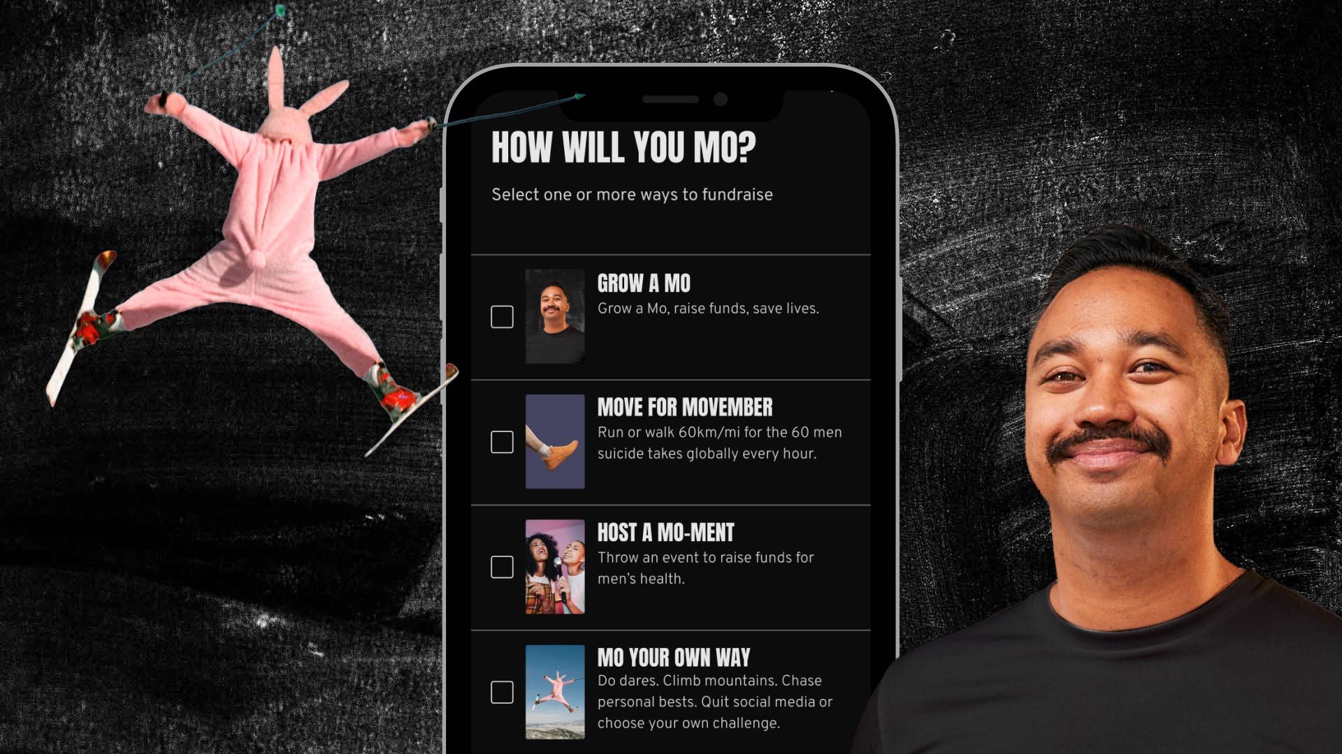 Images of smartphone, showing a screen on the Movember app that asks users: "How will you Mo?" Four options are presented.